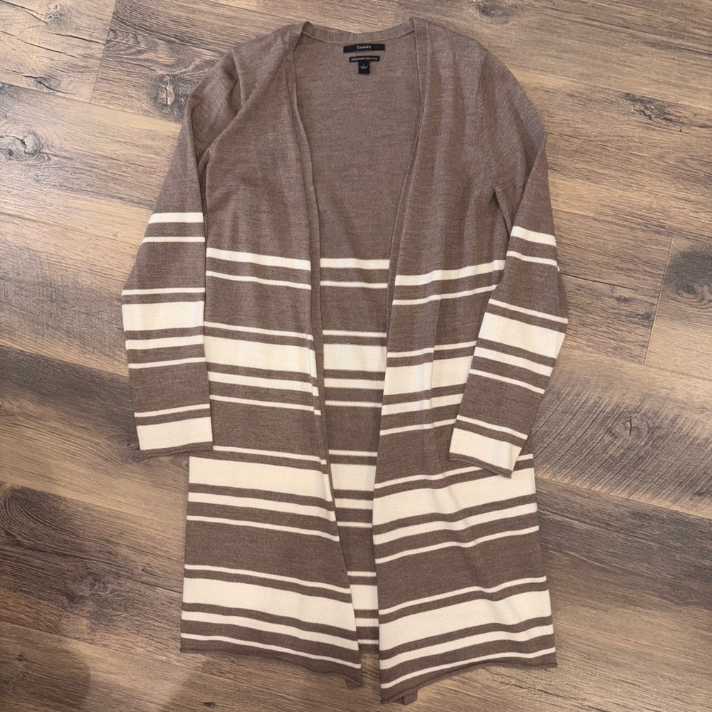 Tahari Brown and Cream Maxi Cardigan Sweater